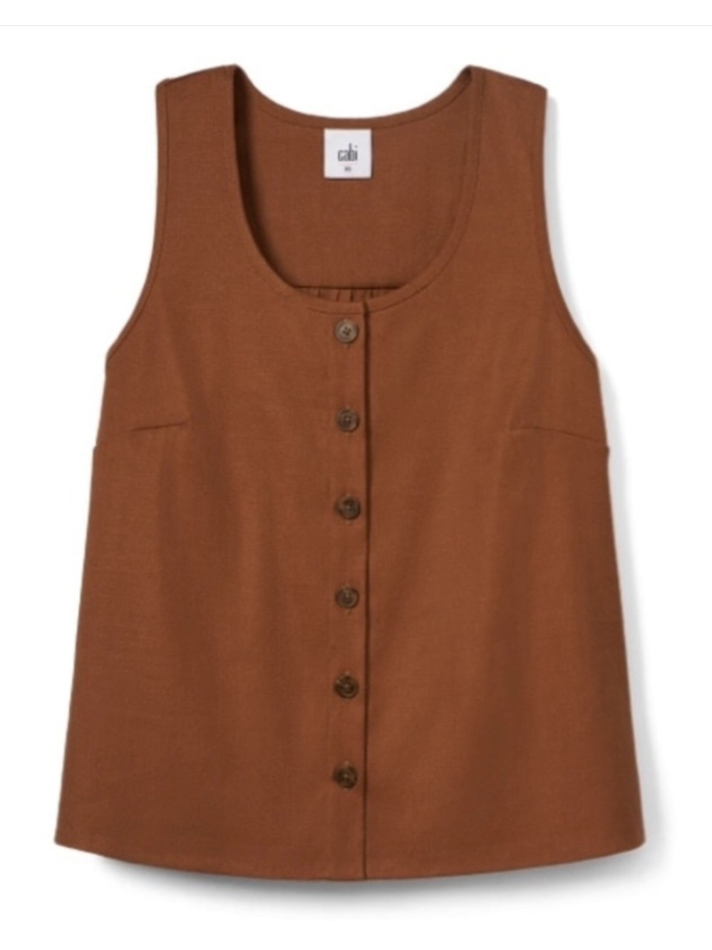 Cabi Cruise Top- rich caramel/rust, sleeveless, button-front linen-blend top. XS